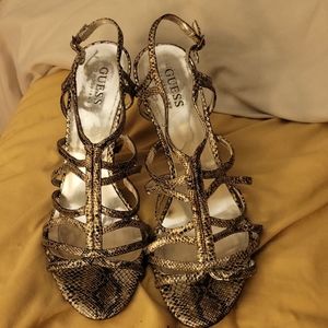 Guess by Marciano Silver Snakeskin Strappy Sandals